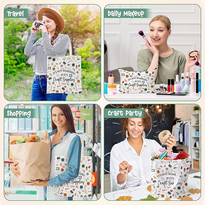 Y1tvei Crafter Canvas Bag Set - 2Pcs It's Not Hoarding If It's Craft Supplies Canvas Tote Bag Makeup Pouch, Craft Reusable Grocery Shopping Handbag Gift for Crafting Sewing Lover Birthday Party Favors