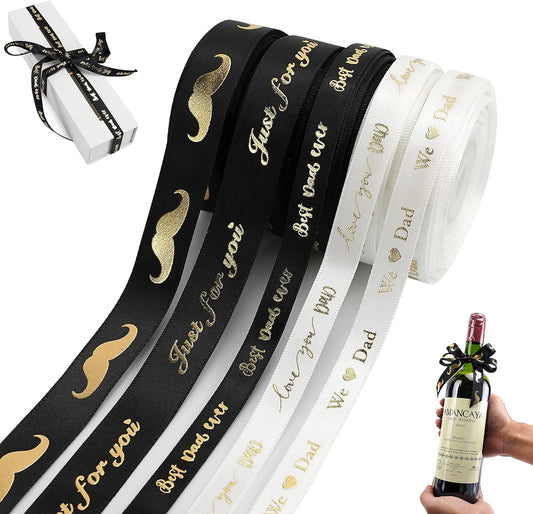 MEEDEE Happy Father's Day Ribbon Fathers Day Decorations Gift Box Wrapping Paper Decor Thank You Satin Thin Ribbon Assorted Black Satin, 5 Rolls with 10 Yards Each Total 50 Yards - Crafty Corner