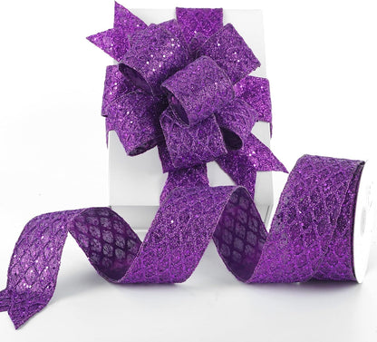 HUIHUANG Purple Wired Ribbon for Christmas Tree 2.5 inch Purple Glitter Diamond Mesh Ribbon for Tree Decoration, Wreaths, Garland, Gift Wrapping, Large Bows Making, Halloween Decor -10 Yards - Crafty Corner