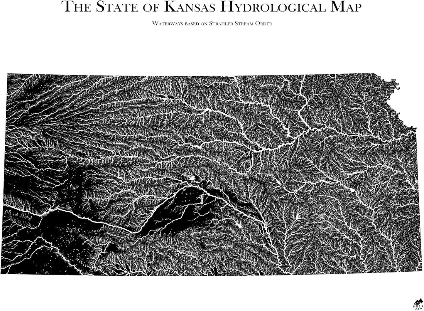 Muir Way Hydrological River Map of Kansas - Watershed Topographic Wall Art for Home, Office, or Travel Decor - Unframed Flat Paper Print, 18x24