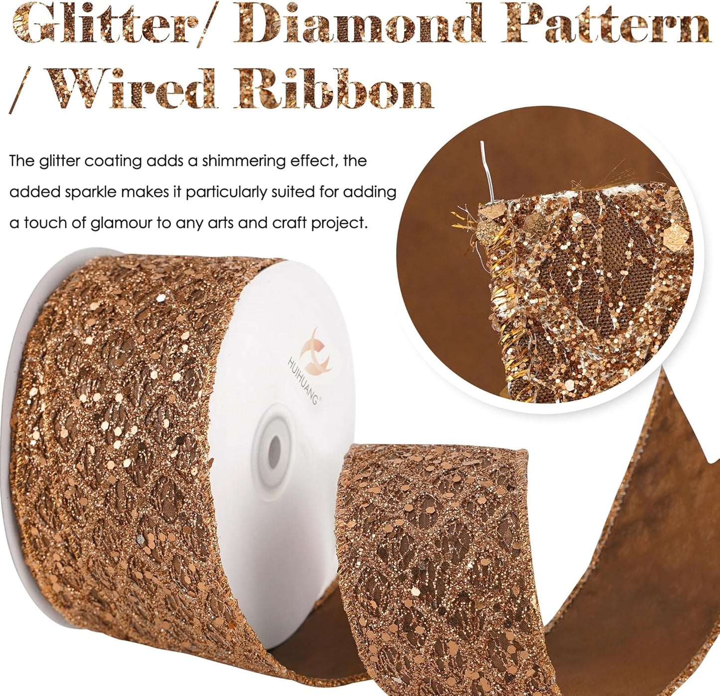 HUIHUANG Glitter Copper Wired Ribbon 2.5 inch Copper Diamond Mesh Wire Edge Ribbon for Christmas Tree, Thanksgiving Fall Decor, Wreaths, Garland, Gift Wrapping, Bows Making -10 Yards - Crafty Corner