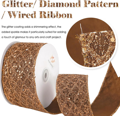 HUIHUANG Glitter Copper Wired Ribbon 2.5 inch Copper Diamond Mesh Wire Edge Ribbon for Christmas Tree, Thanksgiving Fall Decor, Wreaths, Garland, Gift Wrapping, Bows Making -10 Yards - Crafty Corner