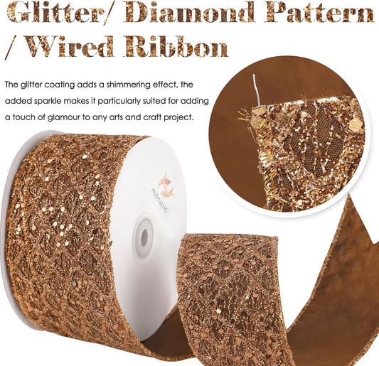HUIHUANG Glitter Copper Wired Ribbon 2.5 inch Copper Diamond Mesh Wire Edge Ribbon for Christmas Tree, Thanksgiving Fall Decor, Wreaths, Garland, Gift Wrapping, Bows Making -10 Yards - Crafty Corner