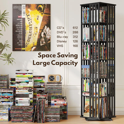 XIMN 360° Rotating Bamboo CD/DVD Shelf - 6-Tier Space-Saving Media Storage Cabinet for Movies, Organizer with Super Compact Design (Black, 6 Tier)