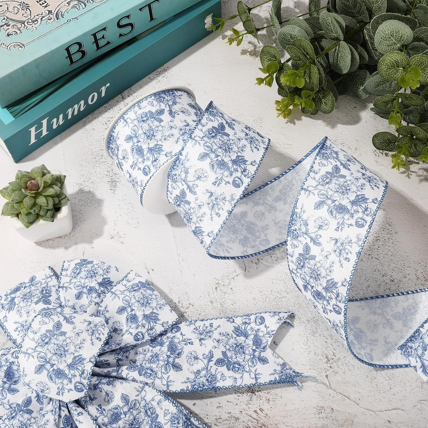 Generic AnyDesign Floral Wired Edge Ribbon Blue Flower Craft Ribbon Chinoiserie Decorative Fabric Ribbon for DIY Crafts Wreath Bow Making, 12 Yards - Crafty Corner