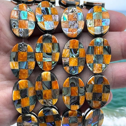 AlohaGemsUSA Spiny Oyster & Abalone Shell Beads - Native American Style (Handcrafted Mosaic Inlay Artistry with Meticulous Workmanship) Oval 15X20mm (Half Strand 8 Inches - 9 Beads)