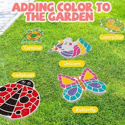 Stepping Stones Painting Kit for Kids Ages 4-12 - 5 Pack Paint Your Own Garden Stones with Butterfly, Unicorn & Ladybug Designs, Outdoor Art & Craft Activity Set, Christmas Gifts for Boys & Girls