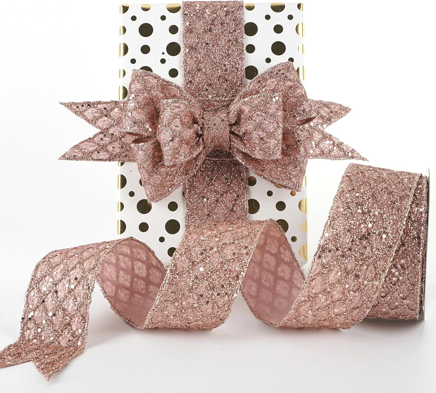 HUIHUANG Rose Gold Glitter Wired Ribbon for Christmas Tree 2.5 inch Rose Gold Diamond Mesh Ribbon for Tree Decoration, Wreaths, Garland, Gift Wrapping, Bows Making, Home Decor -10 Yards - Crafty Corner