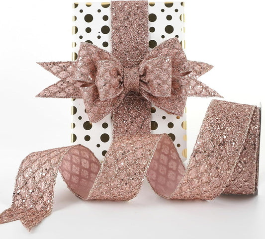 HUIHUANG Rose Gold Glitter Wired Ribbon for Christmas Tree 2.5 inch Rose Gold Diamond Mesh Ribbon for Tree Decoration, Wreaths, Garland, Gift Wrapping, Bows Making, Home Decor -10 Yards - Crafty Corner