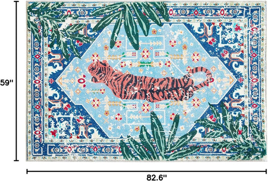 Washable Oriental Rugs Boho Vintage Tropical Jungle 5x7 Area Rugs Thin Plant Oriental Carpet for Bedroom Kitchen Dining Living Room Office Distressed Indoor Entry Floor Rug