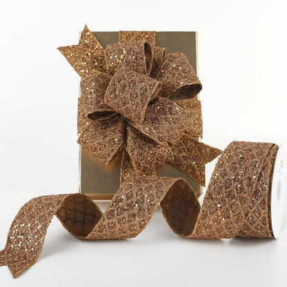 HUIHUANG Glitter Copper Wired Ribbon 2.5 inch Copper Diamond Mesh Wire Edge Ribbon for Christmas Tree, Thanksgiving Fall Decor, Wreaths, Garland, Gift Wrapping, Bows Making -10 Yards - Crafty Corner