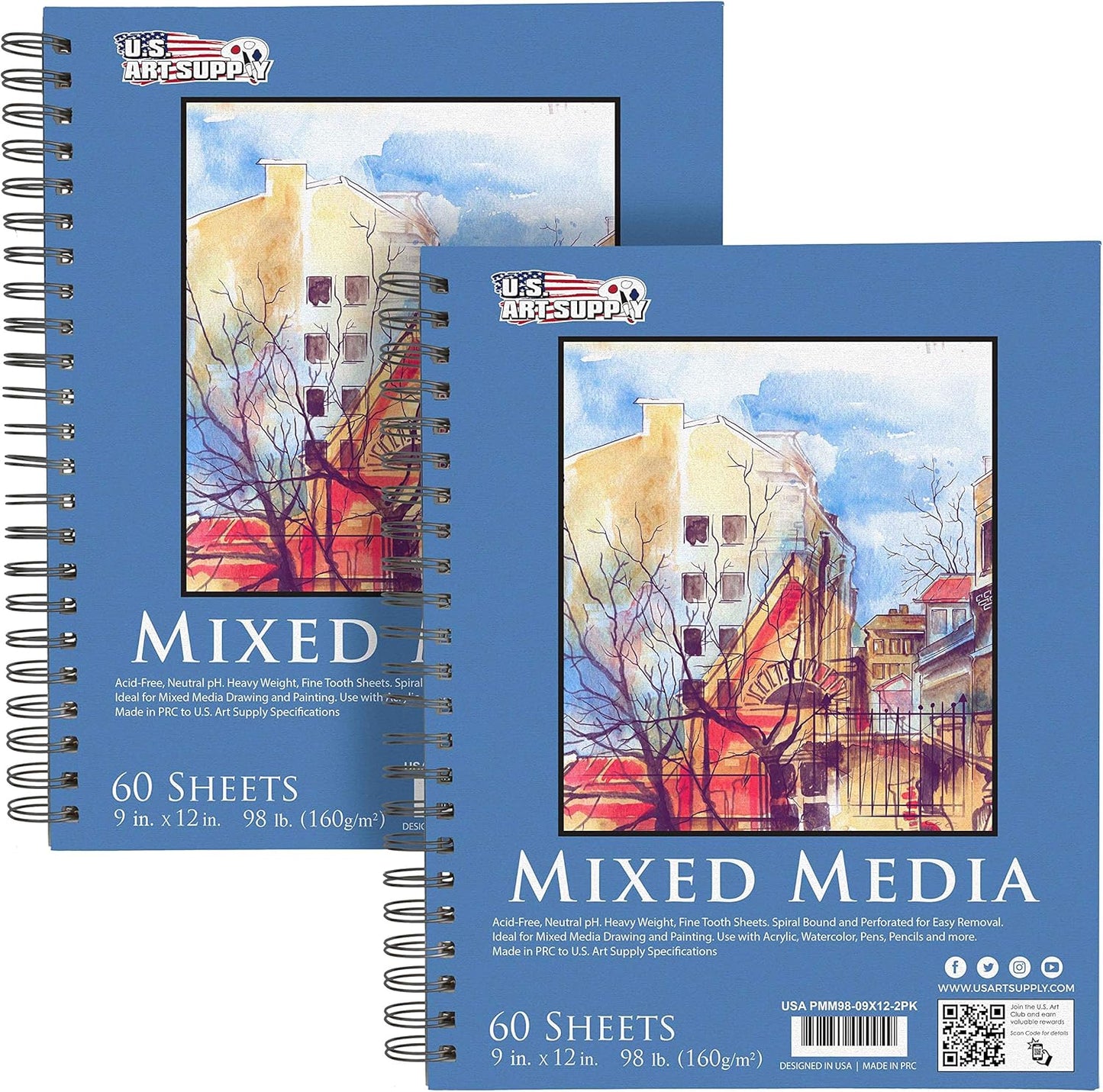 U.S. Art Supply 9"x12" Mixed Media Sketchbook, 2 Pack (60 Sheets), 98 lb (160 GSM) - Spiral-Bound Pad with Perforated Acid-Free Paper - Artist Sketch Book for Drawing, Painting, Watercolor - Crafty Corner