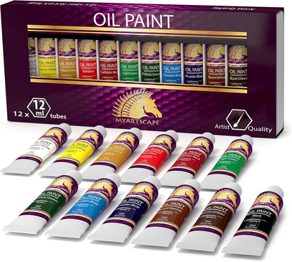 MyArtscape Oil Paint Set - 12 x 12ml Tubes - Lightfast - Heavy Body - Oil-based Vibrant Colors - High Pigment Load - Non-fading - Artist Quality Painting Supplies - Professional Craft Paints