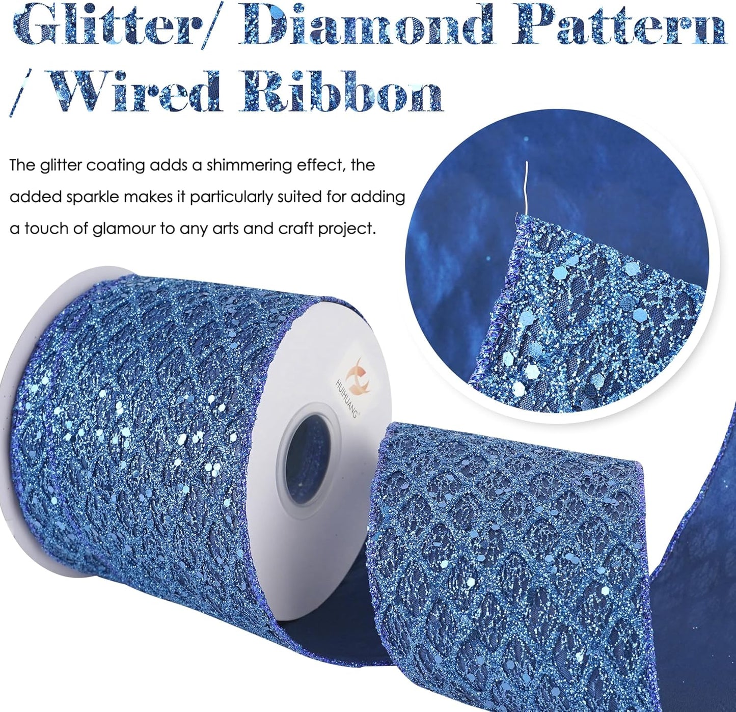 HUIHUANG Navy Blue Wired Christmas Ribbon 4 inch Navy Glitter Wired Ribbon Diamond Mesh Wire Ribbon for X-mas Tree Decorations, Wreaths, Garland, Large Bows Making, Home Decor -10 Yards - Crafty Corner