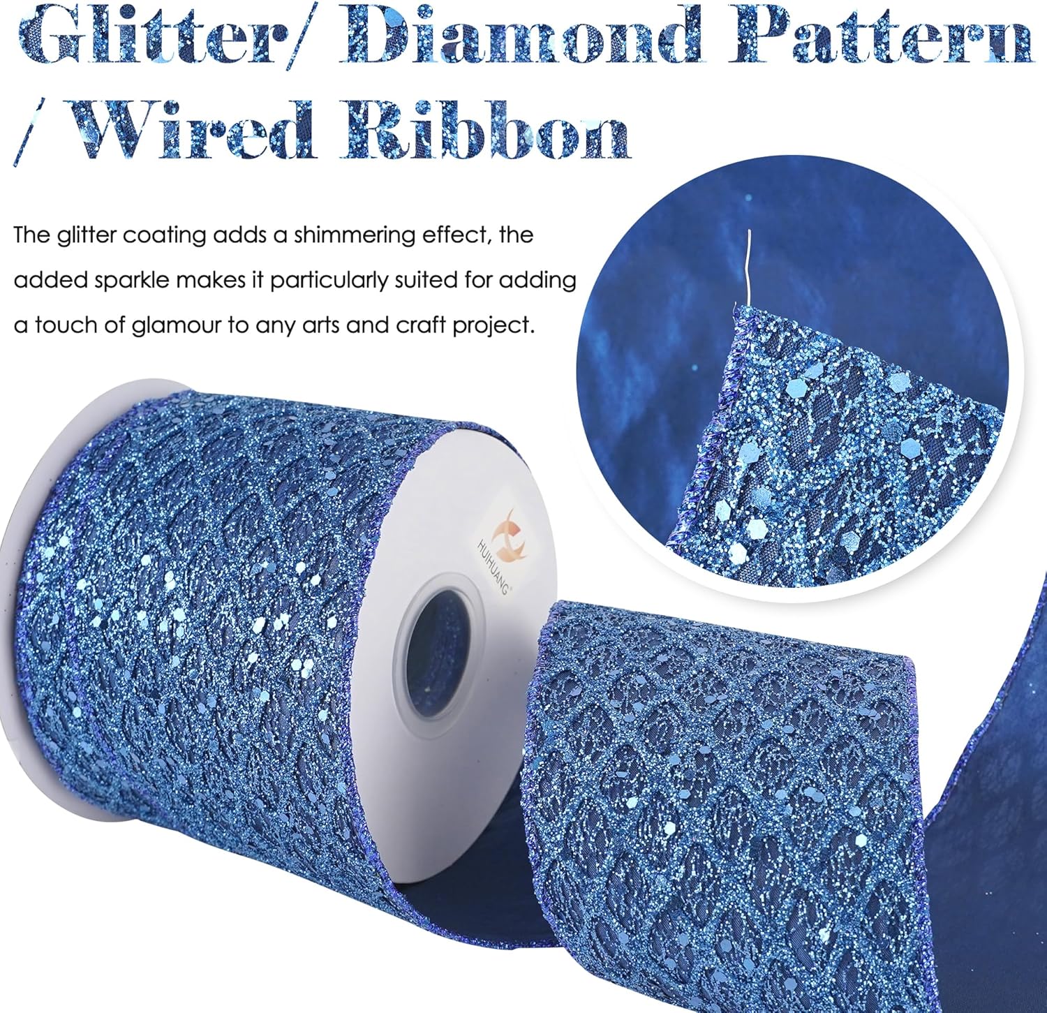 HUIHUANG Navy Blue Wired Christmas Ribbon 4 inch Navy Glitter Wired Ribbon Diamond Mesh Wire Ribbon for X-mas Tree Decorations, Wreaths, Garland, Large Bows Making, Home Decor -10 Yards - Crafty Corner