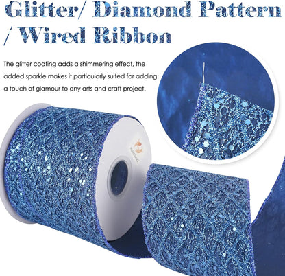 HUIHUANG Navy Blue Wired Christmas Ribbon 4 inch Navy Glitter Wired Ribbon Diamond Mesh Wire Ribbon for X-mas Tree Decorations, Wreaths, Garland, Large Bows Making, Home Decor -10 Yards - Crafty Corner