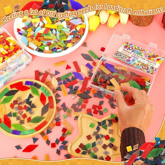 Mosaic Glass Pieces Tiles for Adults: LATIIZ 320Pcs Retro Color Mixed 5 Shapes Stained Glass Bulk for Beginner Artist - Mosaics Kit for Making Art Project Craft DIY Lamp Vase Coaster Stepping Stone