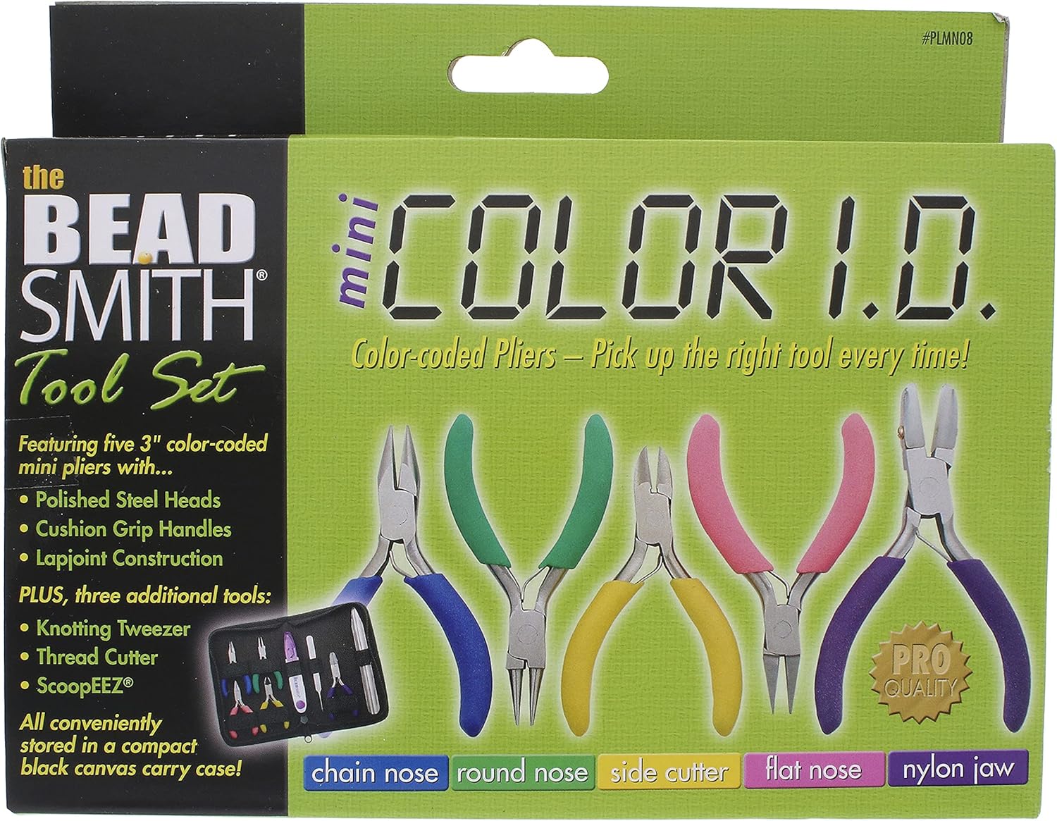 The Beadsmith Mini Color-ID Set – 3”, 8-Pieces Includes: Chain Nose, Round Nose, Side Cutter, Flat Nose, Nylon Jaw Flat Nose, Tweezers, Thread Snippers, Bead Scoop & Canvas Case – For Jewelry Making - Crafty Corner