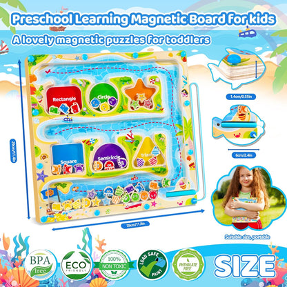 FCSONU Magnetic Color & Shape Maze, Toddler Montessori Toys for 3 4 5 Years Old Boy Girl Birthday Gifts, Wooden Magnetic Board for Kids Puzzles, Color Shape Sorting Magnet Toys, Preschool Activities