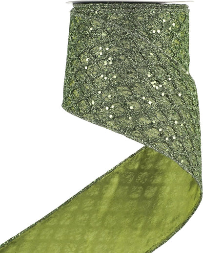 HUIHUANG Moss Green Wired Christmas Ribbon 4 inch Moss Glitter Wired Ribbon Diamond Mesh Wire Ribbon for X-mas Tree Decorations, Wreaths, Garland, Large Bows Making, Home Decor -10 Yards - Crafty Corner