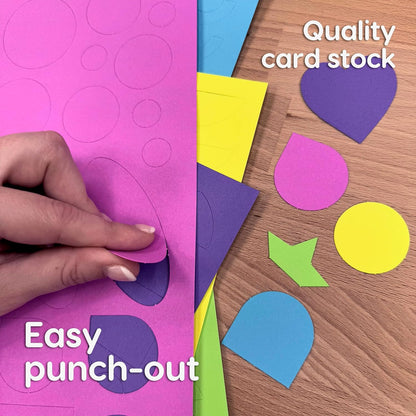 ARTshapes 840 pc Creative Paper Shapes Pack with 70+ Idea Guide - US Made Card Stock - Punch Out Funky DIY Craft Supplies for Whimsical Art Designs, Paper Crafts, and Pattern Play 5 Happy Colors - Crafty Corner