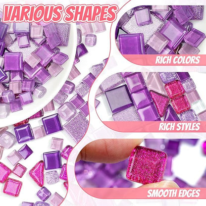 Glass Mosaic Tiles Crafts: Pre-Cut Waterproof Purple 300 Pieces for DIY Outdoor Home & Garden Art Projects - Decor Patio Stepping Stones Kits - Mother Gifts & Family Bonding Activities