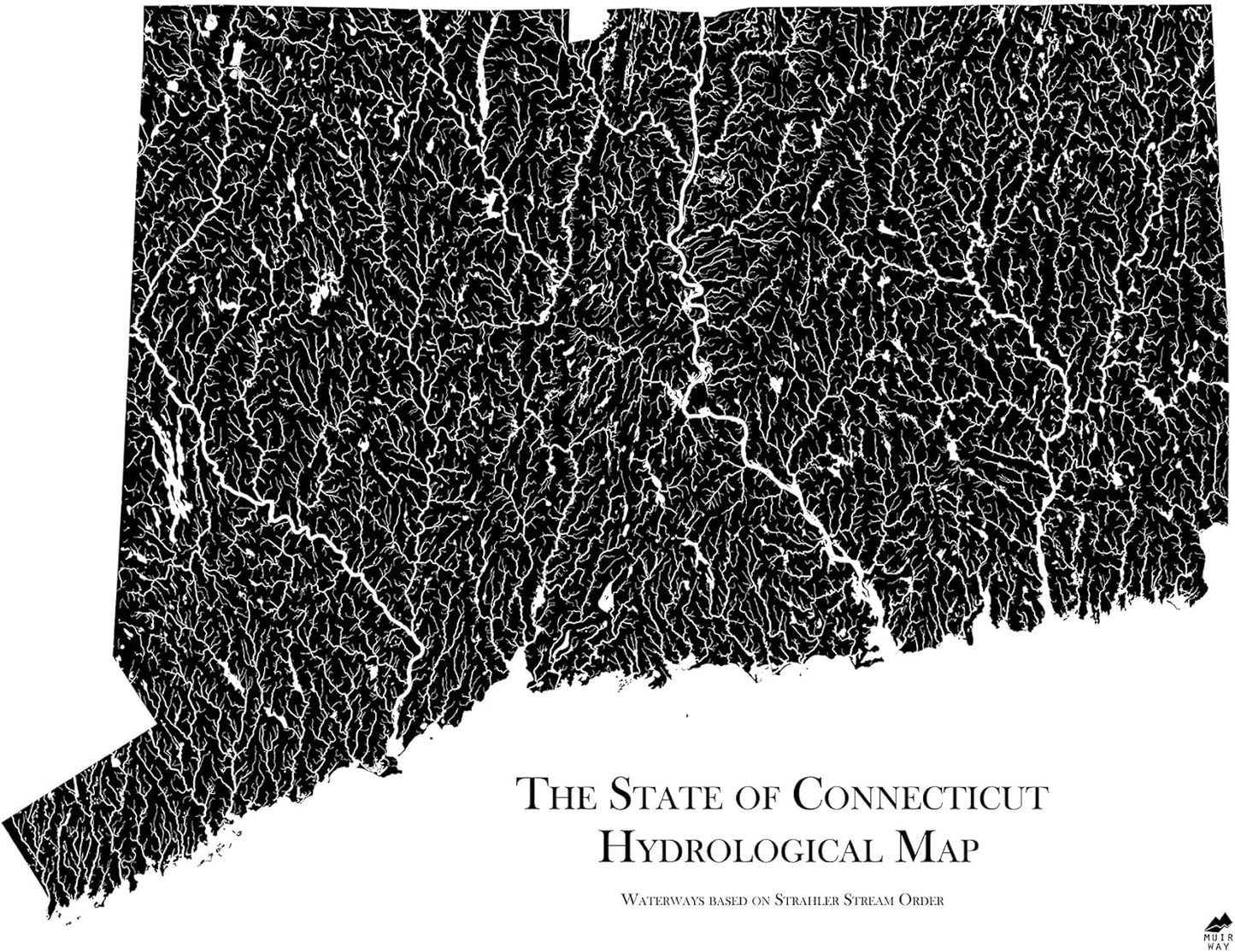 Muir Way Hydrological River Map of Connecticut - Watershed Topographic Wall Art for Home, Office, or Travel Decor - Unframed Flat Paper Print, 18x24