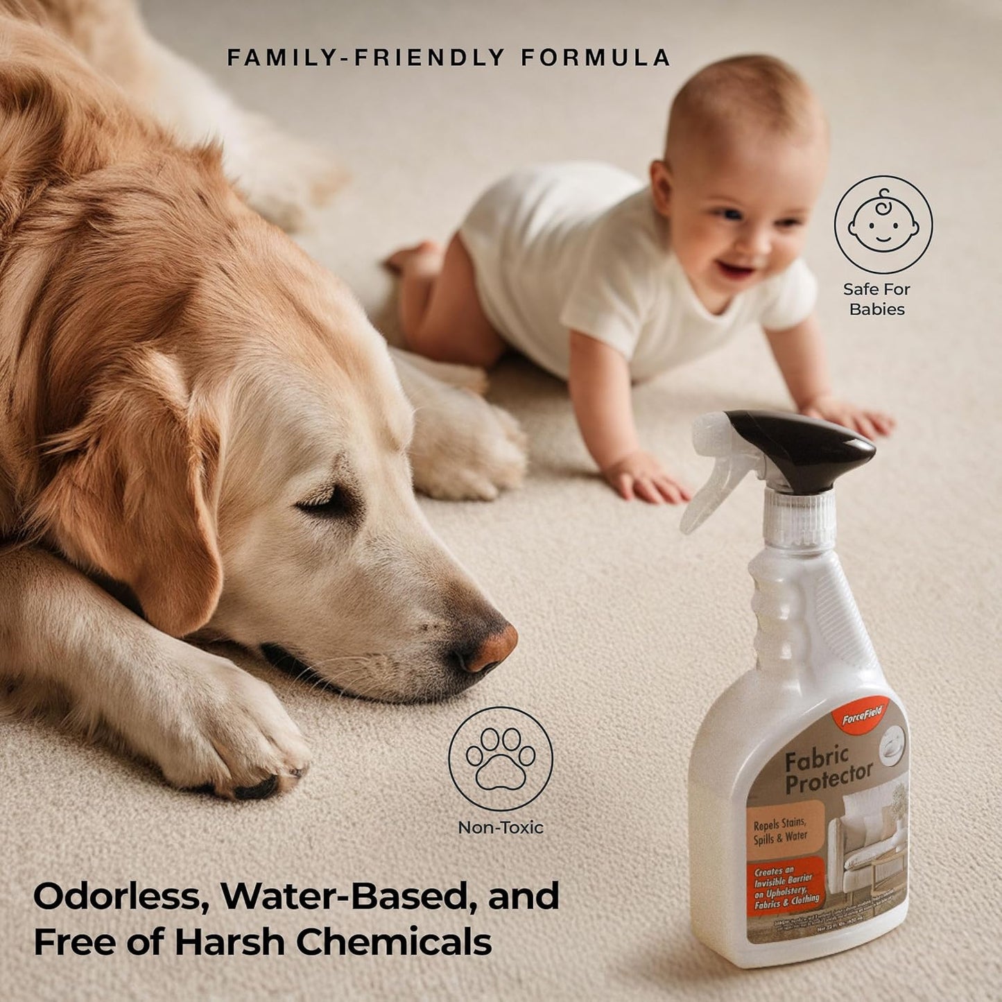 ForceField Fabric Protector Spray – Long-Lasting, Non-Toxic Water & Stain Repellent – Safe for All Fabrics – Indoor & Outdoor Use – 22 oz