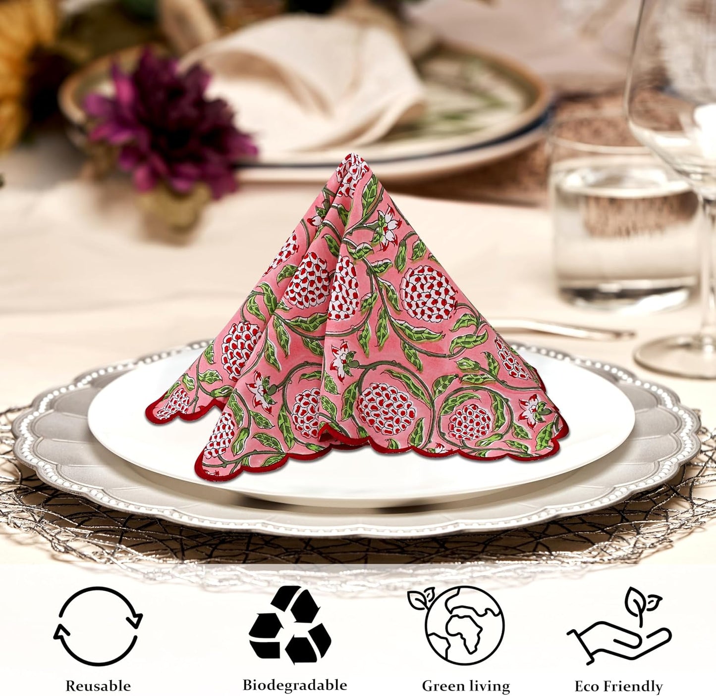 Ridhi Strawberry Pink Hand Block Print Napkins 18" x 18" Set of 4 Reusable Cotton Dinner Napkins for Weddings, Parties & Everyday Dining, Thanksgiving, Christmas, Fall