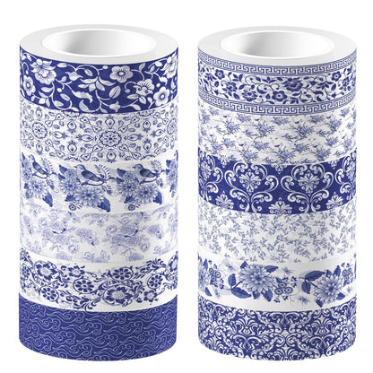 12 Pcs blue and white porcelain Washi Tape Maple Leaf Print Masking Tape Pumpkin Pattern Decorative Paper Sticker for Fall Party Holiday Scrapbook DIY Craft Gift Wrapping Handbook Sticker