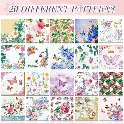 Crtiin 20 Pack Assorted Floral Napkins for Decoupage Toilet Napkins Flower Cocktail Decorative Paper for Birthday Party Beautiful Gorgeous, 20 Styles Each 6.5 inches(Style 1)