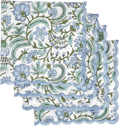 Ridhi Columbia BlueHand Block Print Napkins 18" x 18" Set of 4 Reusable Cotton Dinner Napkins for Weddings, Parties & Everyday Dining, Thanksgiving, Christmas, Fall
