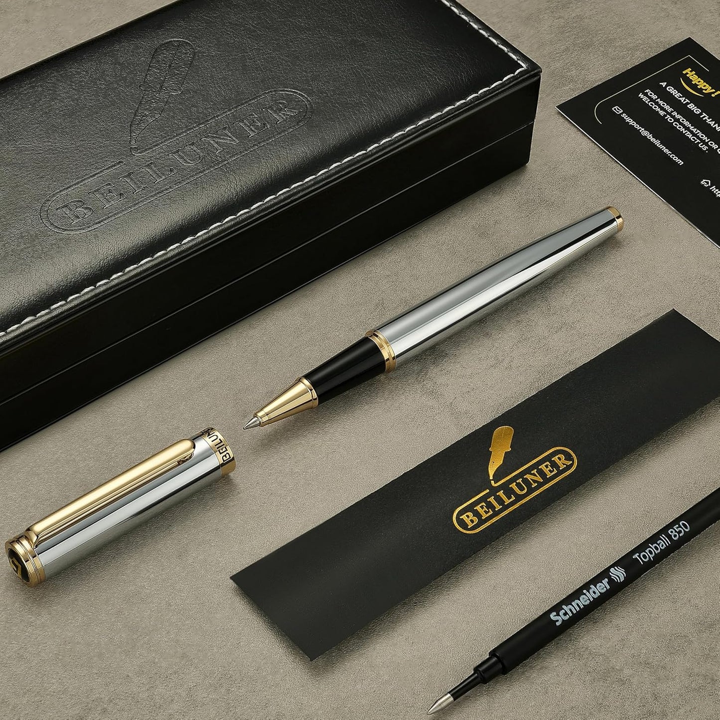 BEILUNER Luxury Rollerball Pen, Stunning Silver Chrome with 24K Gold Finish,Noble and Elegant Designs,Schneider Ink Refill, Best Gift Pen for Men & Women, Professional, Executive Office, Fancy Pens