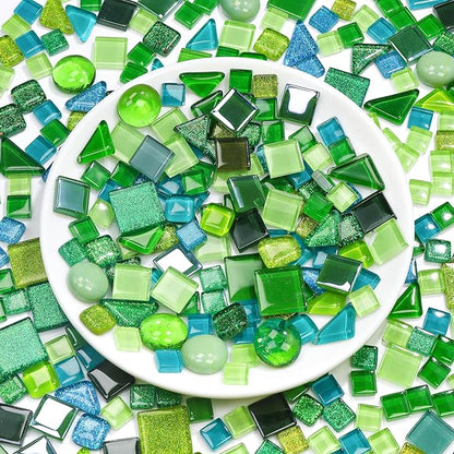 Glass Mosaic Tiles Crafts: Pre-Cut Waterproof 300 Pieces Green for DIY Outdoor Home & Garden Art Projects - Decor Patio Stepping Stones Kits - Mother Gifts & Family Bonding Activities