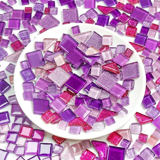 Glass Mosaic Tiles Crafts: Pre-Cut Waterproof Purple 300 Pieces for DIY Outdoor Home & Garden Art Projects - Decor Patio Stepping Stones Kits - Mother Gifts & Family Bonding Activities