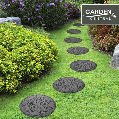 Garden Central TierraVerde 4-Pack 18”x18” Fake Pendant Rubber Stepping Stones, Round, Grey – Reversible Non-Slip Outdoor Faux Decorative Set for Landscaping – DIY Decor for Walkways & Yard Pathways