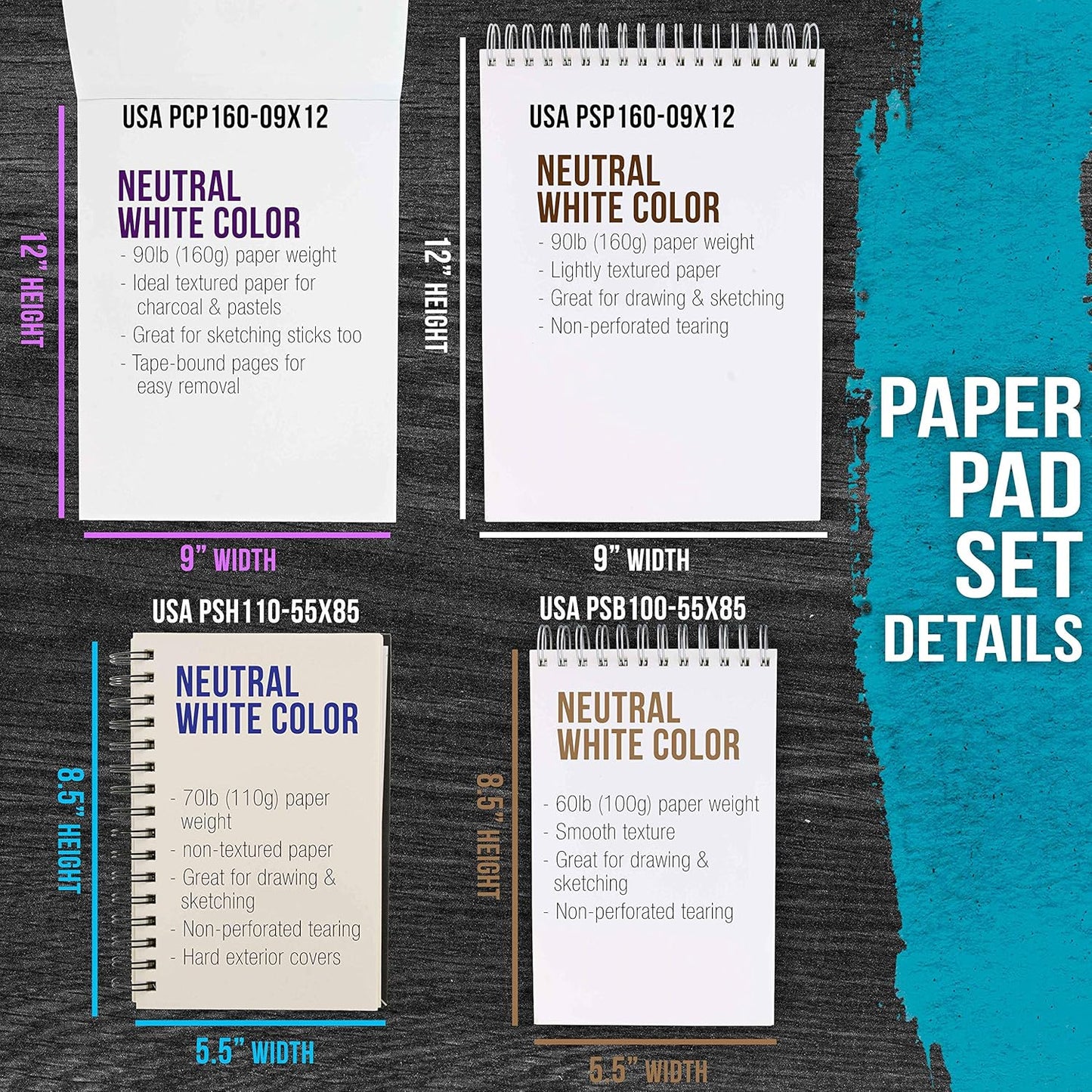 U.S. Art Supply 4-Pad Sketch Book and Drawing Paper Set (242 Sheets) - Sizes (5.5 x 8.5 and 9 x 12 Inch) Spiral Bound, Artist Drawing Pads for Mixed Media