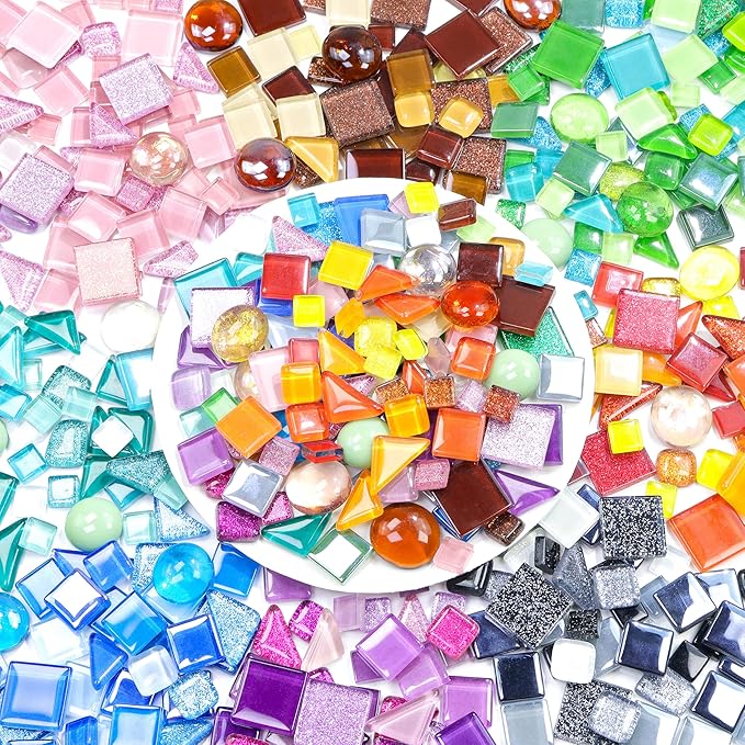 Glass Mosaic Tiles Crafts: 300 Pieces Bulk DIY Kit for Adults with Pre-Cut Mixed Shapes and Iridescent Crystals for Art Home Decor Garden Stepping Stones and Coasters