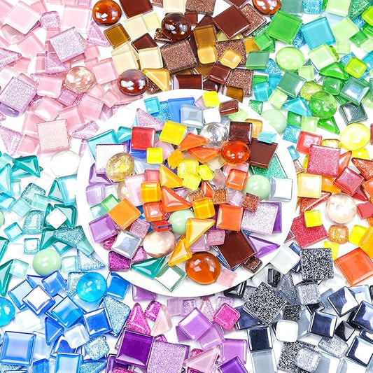 Glass Mosaic Tiles Crafts: 300 Pieces Bulk DIY Kit for Adults with Pre-Cut Mixed Shapes and Iridescent Crystals for Art Home Decor Garden Stepping Stones and Coasters