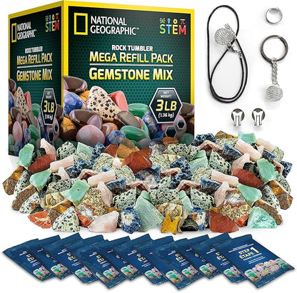 National Geographic Rock Tumbler Refill Kit 3 lbs. of Rough Gemstones and Rocks for Tumbling Including Amethyst and Quartz Supplies Include Tumbler Grit and Jewelry Accessories