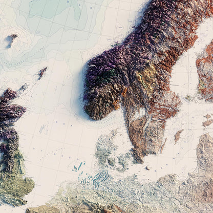 Muir Way Shaded Relief Elevation Map of Europe - Vintage-Style Topographic Wall Art with Map Look - Unframed Flat Paper Print, 36x30