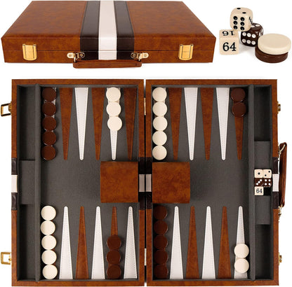 Backgammon Set - 15 Inch Classic Backgammon Board Game Sets Handheld - Backgammon Sets for Adults and Kids - Brown Faux Leather Case - Instruction